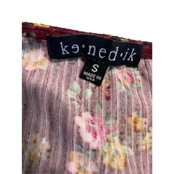 ke•ned•ik Smock Dress Floral Burgundy Button Front Tabbed Sleeve Size S - Picture 5 of 5